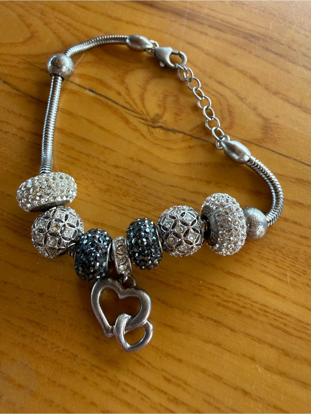 Fiona Sterling Silve Heart Charm Beaded Bracelet - Black & White Crystal Accents